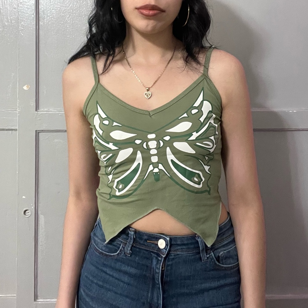 dark green crop top with butterfly